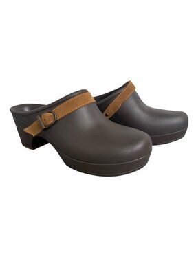 Crocs‎ Sara Heeled Espresso Brown Clog Mule Slip Shoes Comfort Easy On Size 8